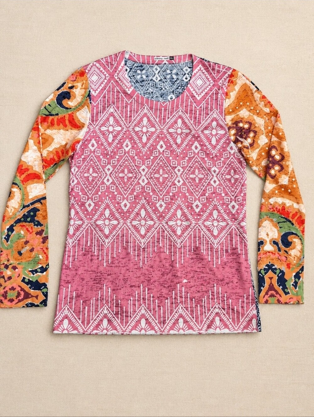 Whimsy Rose Art-to-Wear Mixed Print Boho Top XL USA Made Geometric Paisley Long